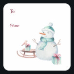 Winter Snowman Christmas To From Customisable  Square Sticker<br><div class="desc">The words "To" and "From" and a winter snowman next to sled with Christmas gifts and a cute bird highlight these holiday gift stickers.</div>