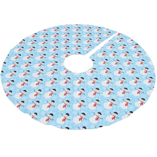 Winter Snowman Cute Blue Christmas Holiday Brushed Polyester Tree Skirt (Angled)