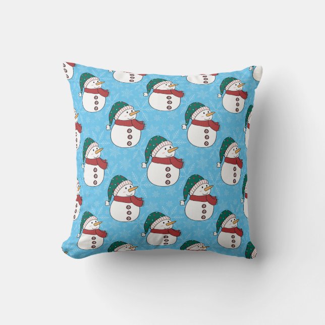 Winter Snowman Cute Blue Christmas Holiday Cushion (Front)