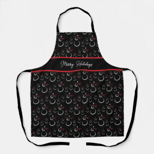 Winter Snowman Family Pattern Merry Holidays Black Apron