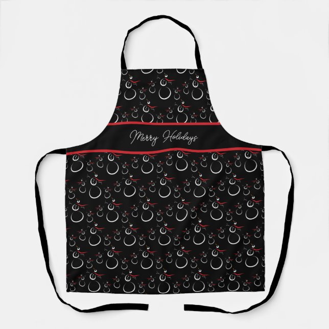 Winter Snowman Family Pattern Merry Holidays Black Apron (Front)