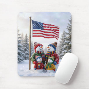 Winter Snowman Family Under an American Flag Mouse Mat