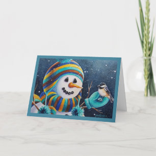 Winter Snowman Feeds Chickadee Bird Watercolor Art Card