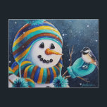 Winter Snowman Feeds Chickadee Bird Watercolor Art Postcard<br><div class="desc">"Seeds For Little Chickadee" Watercolor Art Postcard by Artist Jean Weiner "Seeds For Little Chickadee" features a sweet Black Capped Chickadee bird that has perched on a snowman's mitten. This darling little bird is ready to eat the sunflower seeds this snowman is holding. The bird and snowman appear to be...</div>