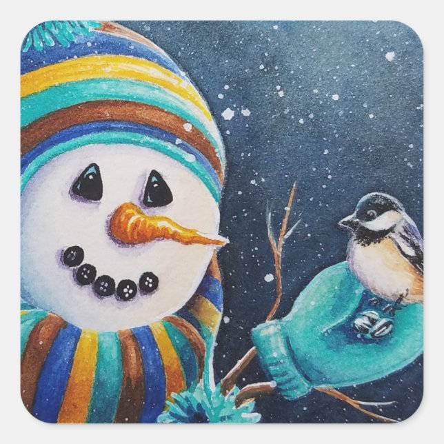 Winter Snowman Feeds Chickadee Bird Watercolor Art Square Sticker (Front)