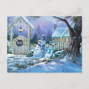 Winter Snowman In Front Of A Christmas Cottage Holiday Postcard