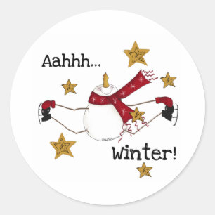 Winter Snowman on Ice Skates Classic Round Sticker