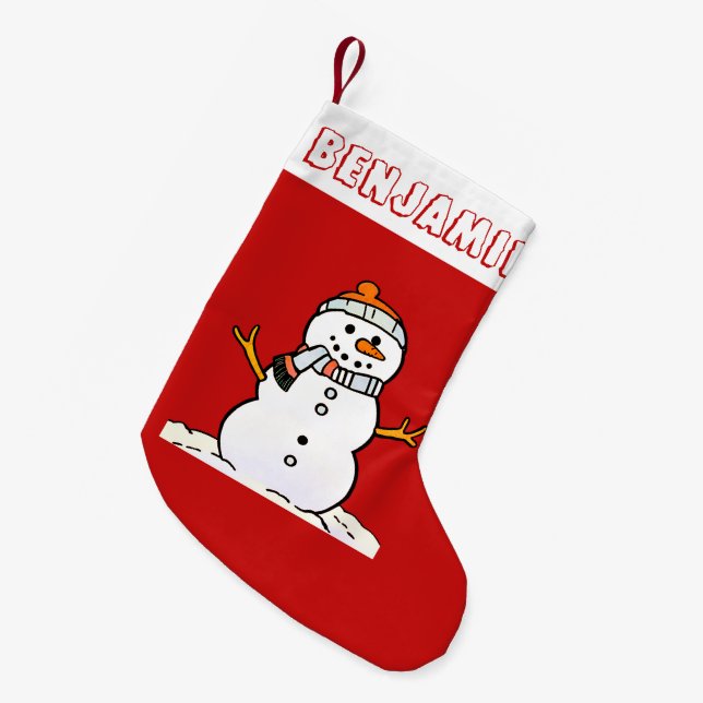 Winter Snowman Pattern | Kids Name Red Small Christmas Stocking (Front (Hanging))