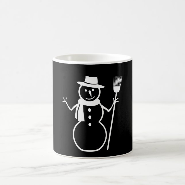 Winter Snowman Scarf Hat Broom Black and White Mug (Center)