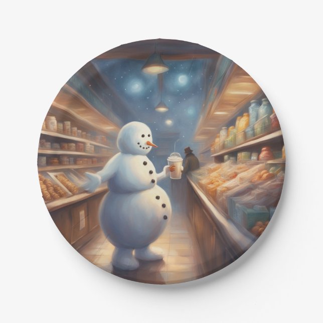 Winter Snowman shopping with coffee birthday party Paper Plate (Front)