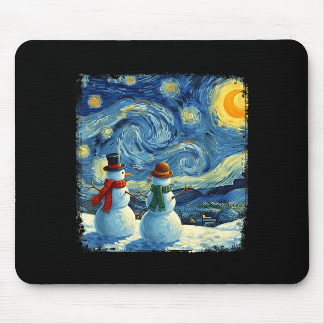 Winter Snowman Van Gogh Starry Night Christmas  Mouse Mat (Front)