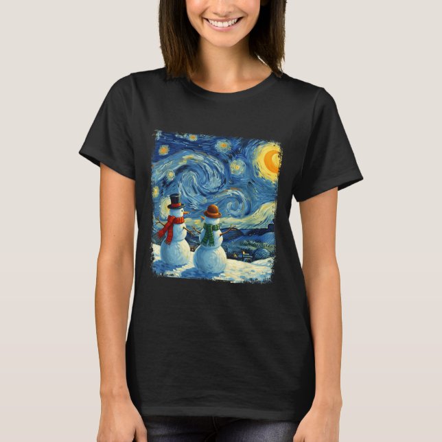 Winter Snowman Van Gogh Starry Night Christmas  T-Shirt (Front)