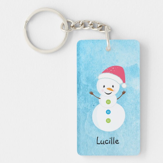 Winter Snowman with Name and Santa Cap Key Ring (Front)