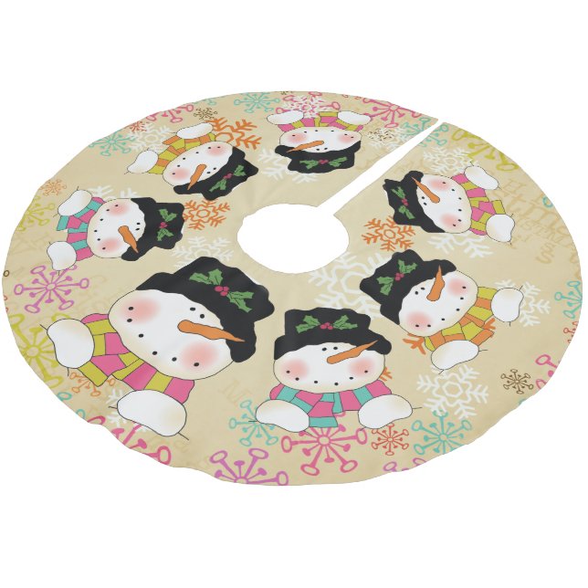 Winter Snowmen and Snowflakes Holiday Tree Skirt (Angled)