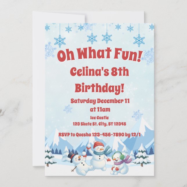 Winter Snowmen "Oh What Fun" birthday  Invitation (Front)