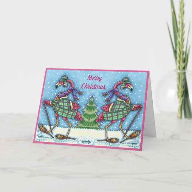 WINTER SNOWSHOES & COAT PINK FLAMINGO TREKKING HOLIDAY CARD (Front)