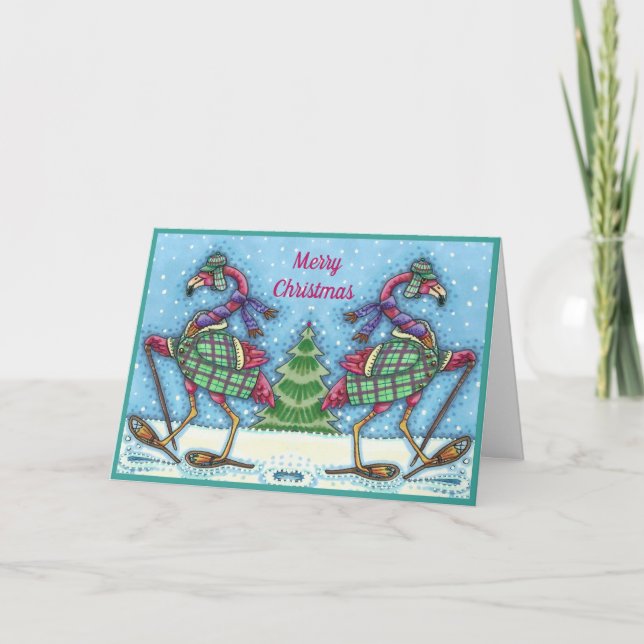WINTER SNOWSHOES & COAT PINK FLAMINGO TREKKING HOLIDAY CARD (Front)