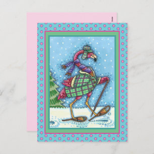 WINTER SNOWSHOES & COAT PINK FLAMINGO TREKKING HOLIDAY POSTCARD