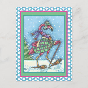 WINTER SNOWSHOES & COAT PINK FLAMINGO TREKKING HOLIDAY POSTCARD