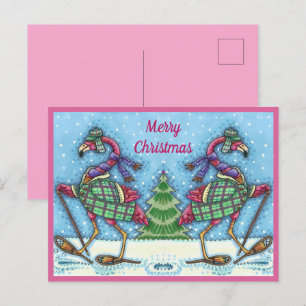WINTER SNOWSHOES & COAT PINK FLAMINGO TREKKING HOLIDAY POSTCARD