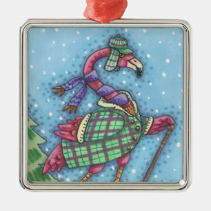 WINTER SNOWSHOES, PINK FLAMINGO CHRISTMAS ORNAMENT