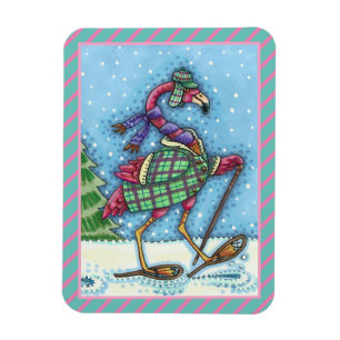 WINTER SNOWSHOES, PINK FLAMINGO, CUTE CHRISTMAS MAGNET