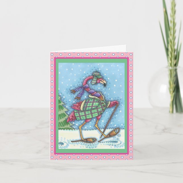 WINTER SNOWSHOES PINK FLAMINGO GREETING CARD Blank (Front)