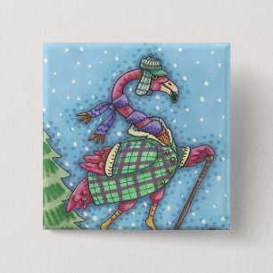 WINTER SNOWSHOES PINK FLAMINGO HOLIDAY BUTTON