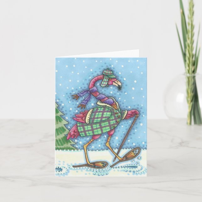 WINTER SNOWSHOES PINK FLAMINGO NOTE CARD Blank (Front)