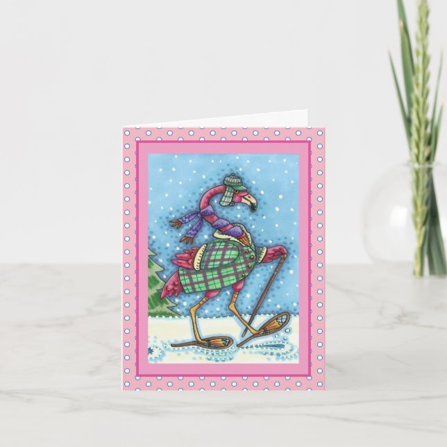 WINTER SNOWSHOES, PLAID COAT PINK FLAMINGO Blank Holiday Card (Front)