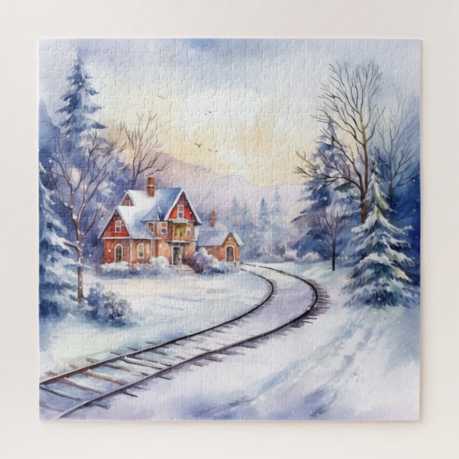 Winter Snowy Christmas Railway Station and Tracks Jigsaw Puzzle (Vertical)
