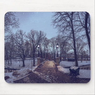 Winter snowy city park in the evening mouse mat