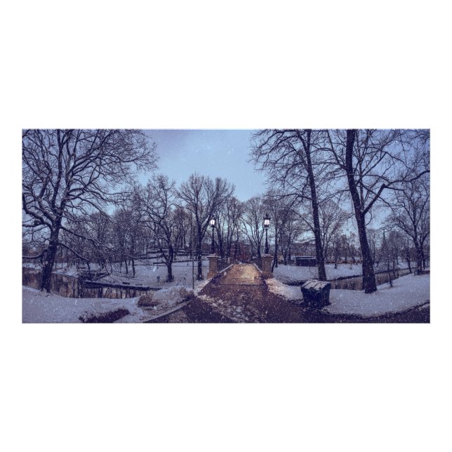 Winter snowy city park in the evening photo print (Front)