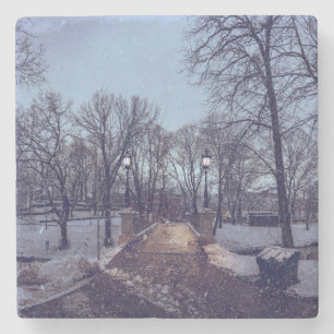 Winter snowy city park in the evening stone coaster