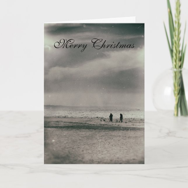 Winter Snowy Lake Michigan People Walking Beach Holiday Card (Front)