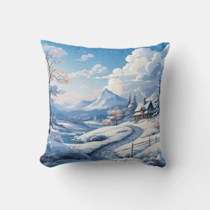 Winter Snowy Mountain Cabin 2 Different Images Cushion