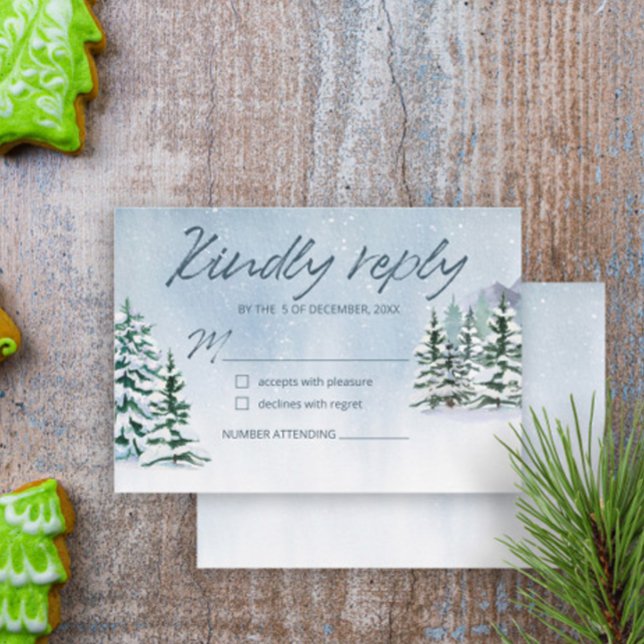 Winter Snowy Mountain Forest Wedding RSVP Card (Creator Uploaded)