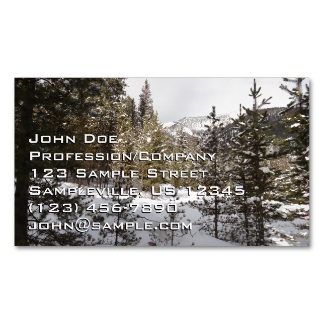 Winter Snowy Mountain Scene in Montana Magnetic Business Card (Front)