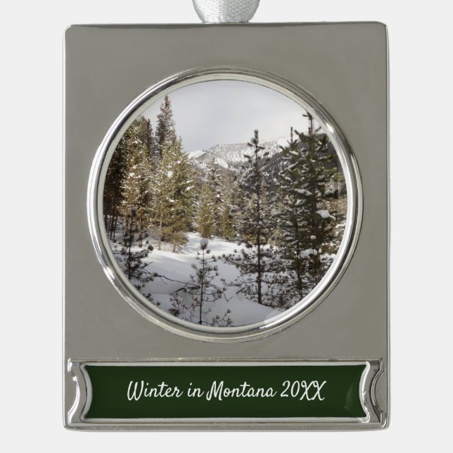 Winter Snowy Mountain Scene in Montana Silver Plated Banner Ornament (Front)