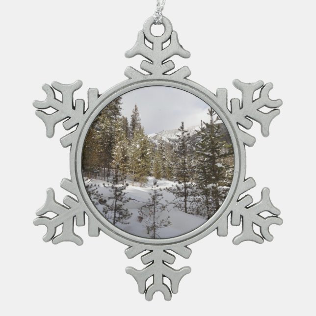 Winter Snowy Mountain Scene in Montana Snowflake Pewter Christmas Ornament (Front)