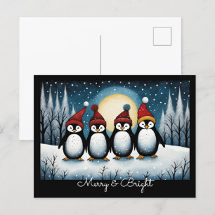 Winter Snowy Night Santa Penguin Christmas  Holiday Postcard