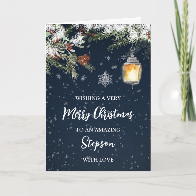 Winter Snowy Night Stepson Merry Christmas Card (Front)