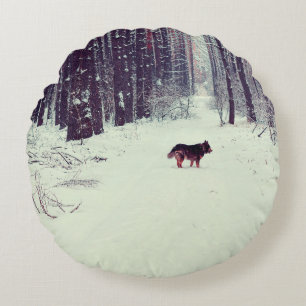Winter snowy pine forest, dog walking in the fores round cushion