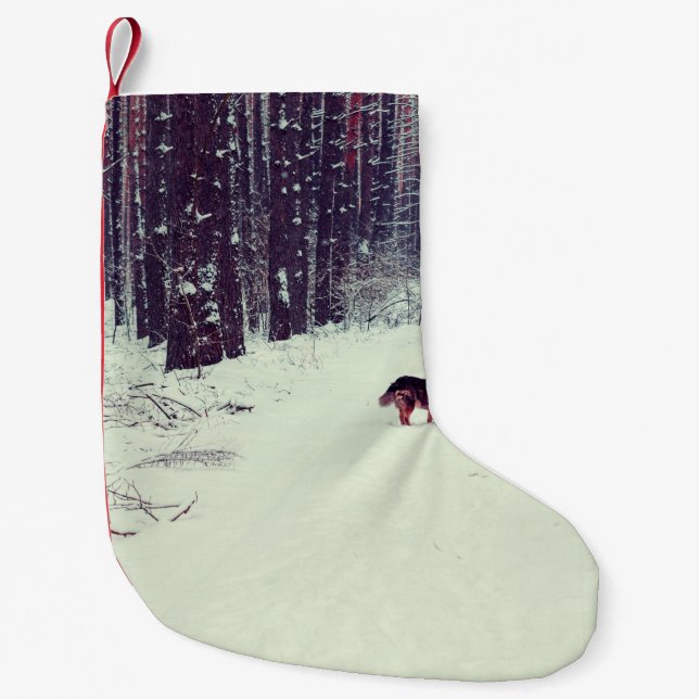 Winter snowy pine forest, dog walking in the fores small christmas stocking (Front)