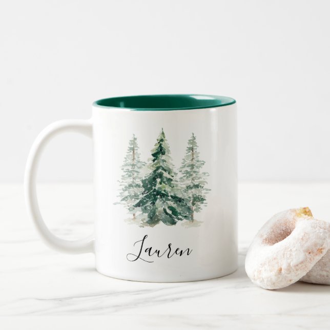 Winter Snowy Pine Tree Christmas Two-Tone Coffee Mug (With Donut)