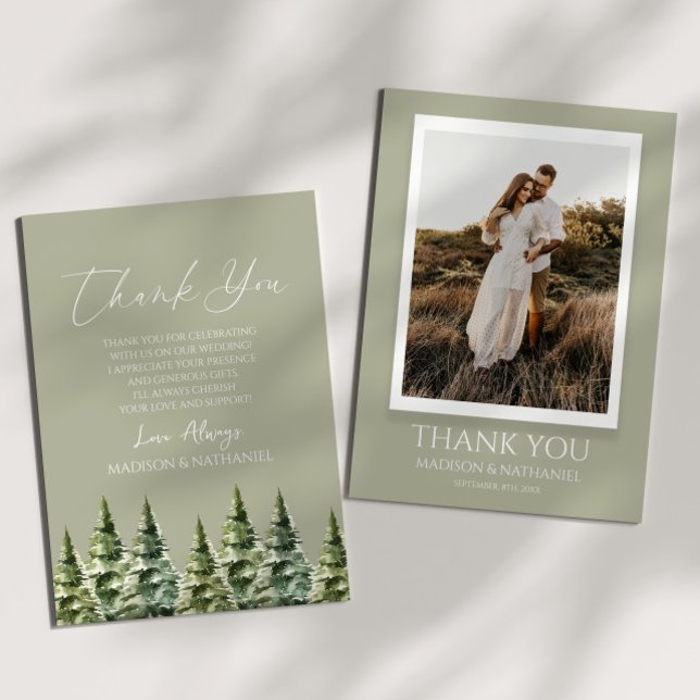 Winter Snowy Pine Tree Custom Photo Wedding Thank You Card (Creator Uploaded)