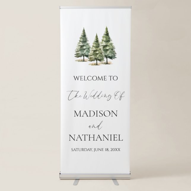 Winter Snowy Pine Tree Wedding Welcome Retractable Banner (Front)