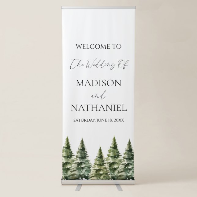 Winter Snowy Pine Tree Wedding Welcome Retractable Banner (Front)