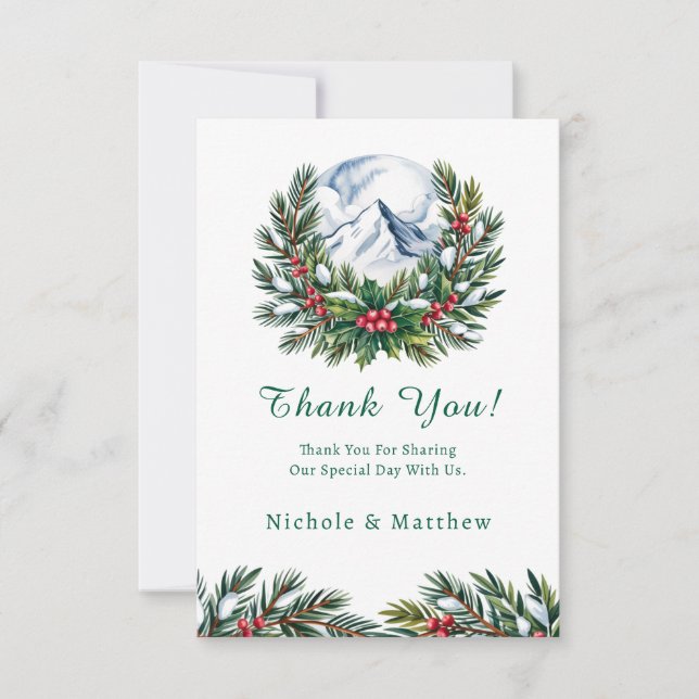 Winter Snowy Pine Wreath Wedding  Thank You Card (Front)