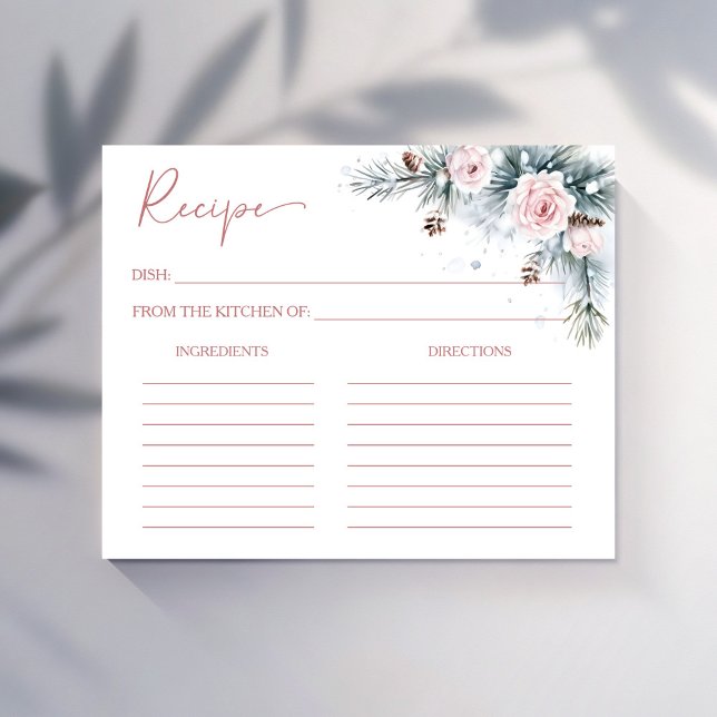 Winter snowy pines bridal shower recipe card (Winter bridal shower recipe cards snowy pines blush pink roses recipe cards)
